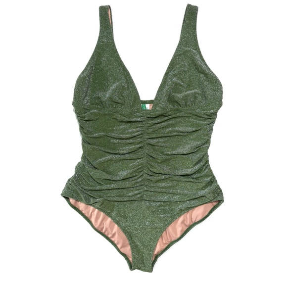 J. Crew Green Sparkle Ruched Plunge One-Piece Swimsuit Size 18 - Picture 1 of 9